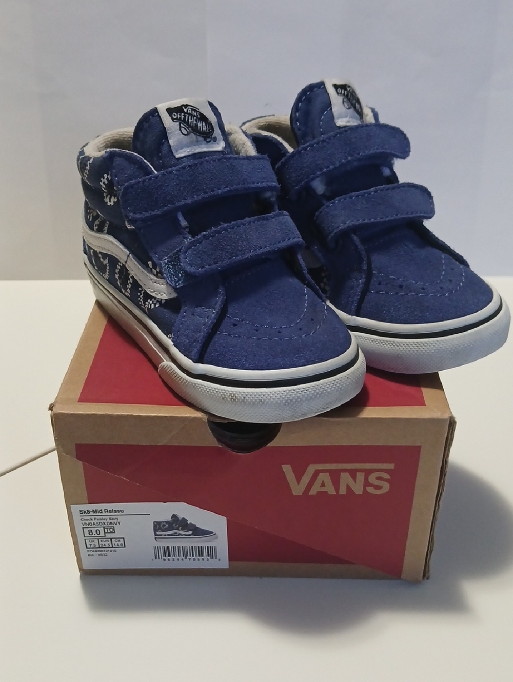 Vans Kids Sk8-Mid Reissu Navy Blue Velcro Sneakers with White Stripe